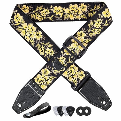 YIKOKO Sangle de guitare en coton avec broderie florale