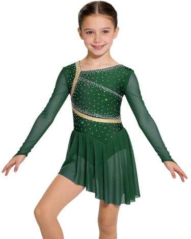 Oyolan Robe Patinage Fille Enfant Ado Tenue Patinage Artistique Manches Longues Strass Justaucorps Asymétrique Robe Danse Costume