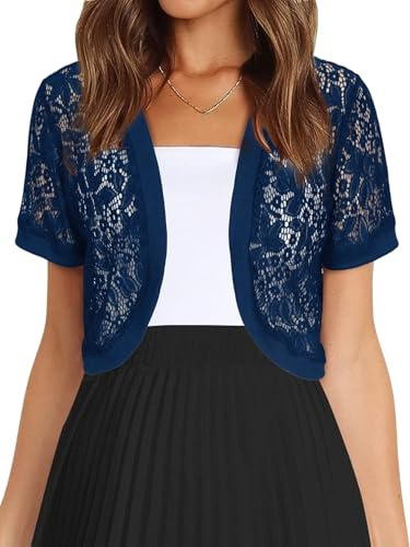 KUUFUUT Gilet Court Élégant pour Femme Boléro en Dentelle Florale Transparente Haut Fin À Manches Courtes Robe-Blouse pour Soirée Décontractée