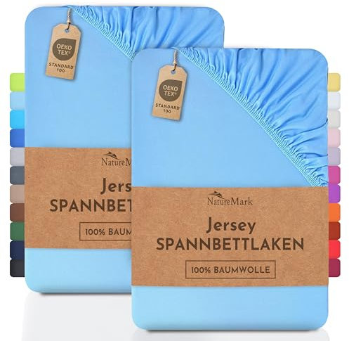 NatureMark 2er Pack Kinder Jersey Spannbettlaken, Spannbetttuch 100% Baumwolle in vielen Größen und Farben MARKENQUALITÄT ÖKOTEX Standard 100 | 70x140 cm - hell blau