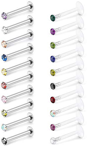 SCERRING 20PCS 16G 8mm Acrylic & Stainless Steel Labret Monroe Lip Ring Tragus Nail Helix Earring Stud Piercing Jewelry with 2mm 4-Prong-Setting Mix Color CZ