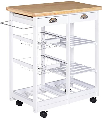 HOMCOM Carrello da Cucina Multiuso in Legno di Pino 74 x 37 x 75cm Bianco