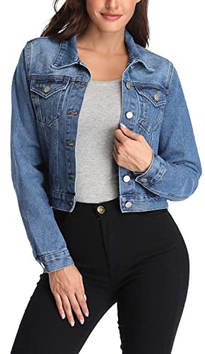 andy & natalie Women's Denim Jackets Trendy Long Sleeve Basic Button Down Crop Jean Jacket with Pockets Blue Small