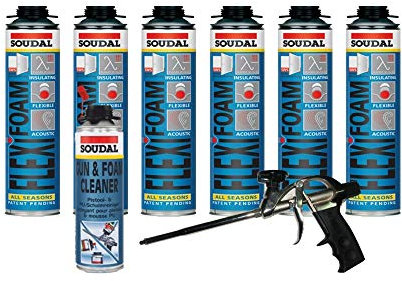 Soudal Sparset 6x Flexifoam Fensterschaum 500ml + Schaumpistole Professionell + Pistolenreiniger