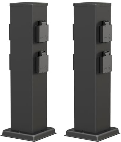 ledscom.de 2 pièces Colonne de Prises de Courant de Jardin Polly pour l'extérieur, IP44, 4X, Acier Inoxydable, Noir, carré, 40 cm