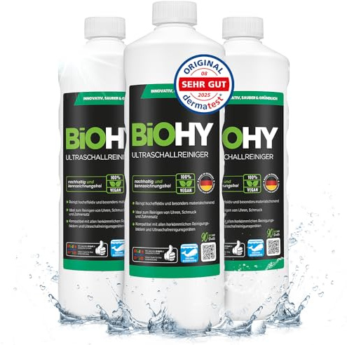 BiOHY Limpiador ultrasónico (3 botellas de 1 litro) | limpieza intensiva y suave de gafas, productos dentales, oro, monedas y joyas (Ultraschallreiniger)