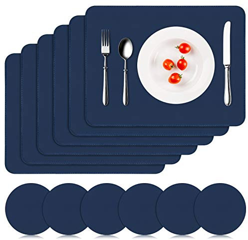 APLKER Tischset Leder 6er Set - Kunstleder Platzset Abwaschbar, Hitzebeständig Doppelseitigen Wasserdicht Platzdeckchen Lederoptik mit Tischuntersetzer rutschfest, 16 x 12 Zoll, Dunkelblau