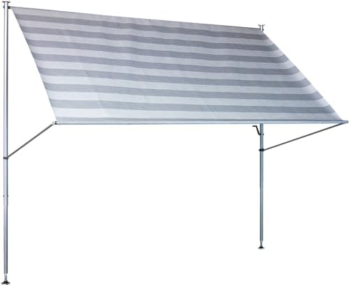 Angerer klämmarkis premium med handvev, terrass/balkong, montering utan borrning, tillverkad i Tyskland, högkvalitativt tyg, UV-resistent, höjdjusterbar, vattenavvisande, 250 cm ränder ljusgrå