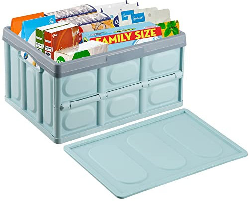Collapsible Storage Box with lid 30L Lidded Storage Bin Storage Box Crates Plastic Tote Storage Box Container Stackable Folding Utility Crates for Clothes, Toy, Books,Snack, Shoe Storage Bin -Blue
