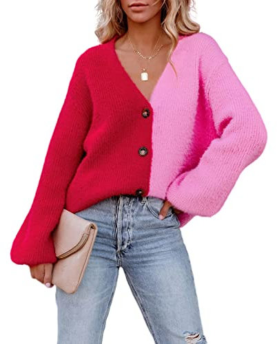 HEYPORK Damen Herbst Winter Warm Bequem Jacke Casual Mode übergangsjacke Mantel Frauen Gestrickt Rosa Einreihig Patchwork Strickjacke(Rot, M)