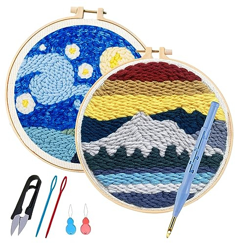 Allazone Set Di 2 Pezzi Per Ricamo Con Ago Da Perforazione, Ago Filato Tappeto Regolabile, Aghi per Occhi Grandi, Infilatori per Aghi, Tela per Punto Croce per Ricami Fai Da Te,Starry Sky & Lakeside