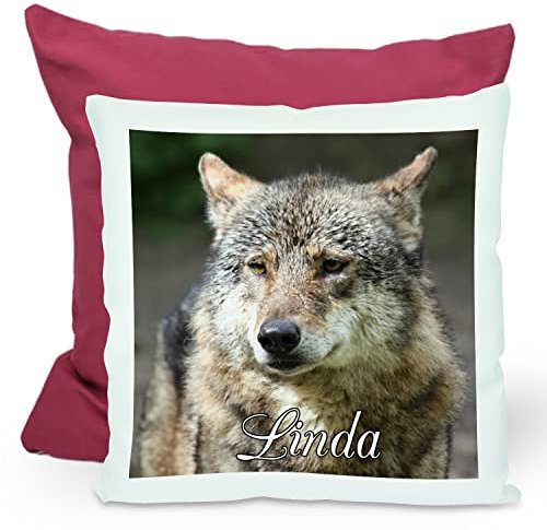 CreaDesign, Kinder Kissen 40x40 cm personalisiert mit Namen, Kinderzimmer Deko Kissen Kinder mit Füllung Federn, Motiv Wolf, Rückenfarbe Lila