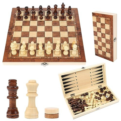 Jeu D'éChecs en Bois, éChecs 3 en 1, Pliable Portable Ensemble D'échiquier, Chess Board Set pour la Famille Activités Fête Adultes Enfants Voyages (29x29cm) (Claire)