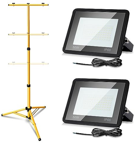 Yakimz Lot de 2 projecteurs de chantier LED avec trépied, 50 W blanc chaud, 3000 K, 4250 lm, étanche IP66, pour la construction, l'atelier, avec câble de 1 m, pas de prise
