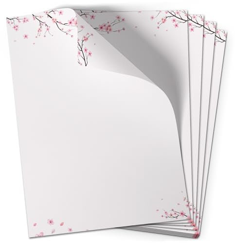 50 Blatt Briefpapier (A4) Kirschblüte modern Blumen Floral Motivpapier mit Aufdruck Motiv edles Design Papier beidseitig bedruckt Bastelpapier