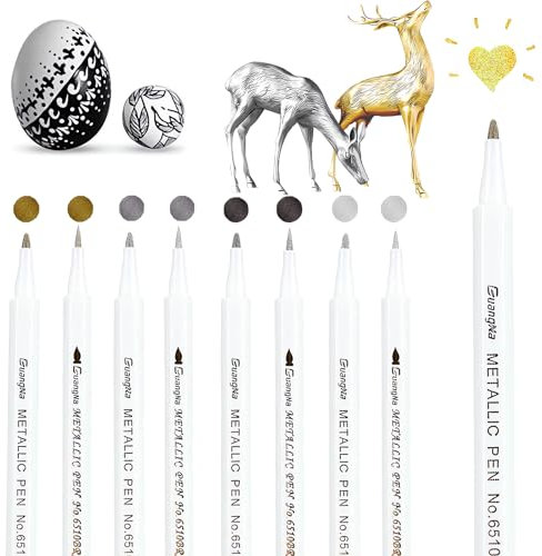 EFNHJF5 8 Stück Metallic Stifte,4 Farben metallic stifte set –Weiß,Schwarz,Gold und Silber,Mittel &Bürstenspitze,Goldstift für Gästebuch Osterdekoration,Glas,Keramik,Steinmalerei, Bastelsachen (8)