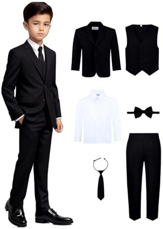 Boy's 6-Piece Formal Suit Set – Includes Suit Jacket, Comfort Waist Dress Pants, Vest, Dress Shirt, Necktie & Bow Tie – Black Suit, 16