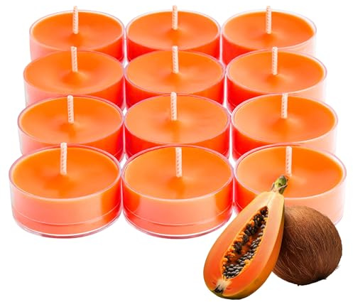 PartyLite Set of 12 Tea Lights Candles, Shredded Coconut & Papaya Scent, Aromatherapy Scented Candles Gift Set, Up to 4 to 6 Hours Burn Time