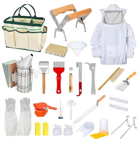 Imker Zubehör, Imkereibedarf Zubehör,Bienenzucht-Starter-Set,30pcs Imkereiwerkzeuge für Imkerkleidung Handschuhe Imker Bienen Smoker,Bienen Gabel Honig Kamm,Bienen-Sieb