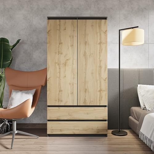 Furnica Kleiderschrank 90 cm, 2-türig mit Schubladen und Kleiderstange - Moderner Schlafzimmer Schrank Wardrobe Closet - 90 cm Breit, 180 cm Hoch, 50 cm Tief (Anthrazit Grau/Wotan Eiche)