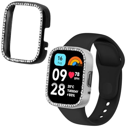 kwmobile 2X Kunststoff Hülle kompatibel mit Xiaomi Redmi Watch 3 Active/Redmi Watch 3 Lite Schutzhülle Schutzrahmen - Glitzer Schutz Zubehör in Schwarz Silber