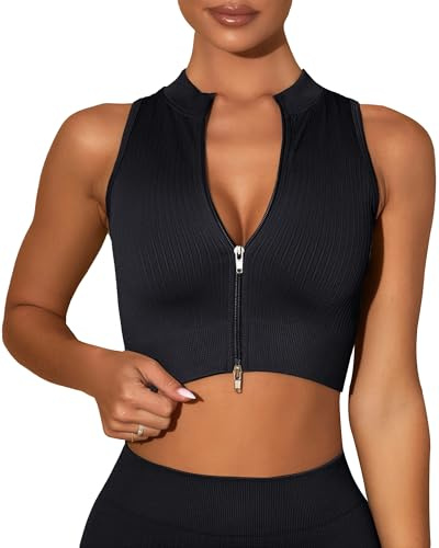 SEAUR Débardeur de Sport Femme Fermeture Crop Tank Tops Haut Court Serré sans Couture Côtelé pour Gym Fitness Entraînement S