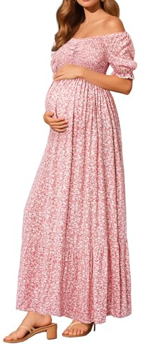 Maternity Dresses Baby Shower Photoshoot Easter Pregnancy Summer Pink Floral Off Shoulder Casual Maxi Puff Sleeve Dress