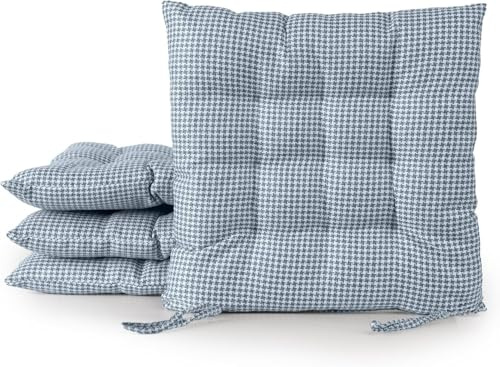 DH DREAMER HOME – Pack de 4 Cojines para Silla 40x40x5 cm – Uso Interior y Exterior, Extra Suaves y Acolchados, Funda de Poliéster y Relleno de Fibra Hueca Lavable - Pata Gallo Azul