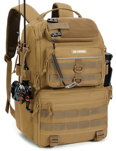 SKYSPER Sac de Pêche avec Rangement Grande 35L Sac à Dos Pêche pour Matériel de Pêche Multi-Poches Sac Tactique Militaire