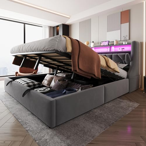 Sapgaks Letto Matrimoniale con Contenitore 180x200 cm con LED e USB, Letto una piazza e mezza con Vano Portaoggetti e Testiera Regolabile, Letto Contenitore con rete a doghe (Senza Materasso)