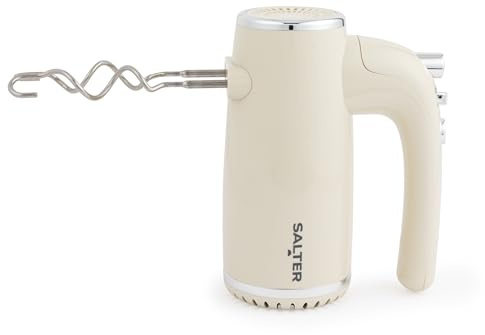 Salter Cream Retro Hand Mixer – Batteur électrique, 5 vitesses + Turbo, accessoires XL batteur chromé et crochet pétrisseur, mixeur pour pâtisserie, pâte à pizza, meringue, fonction éjection, 400W