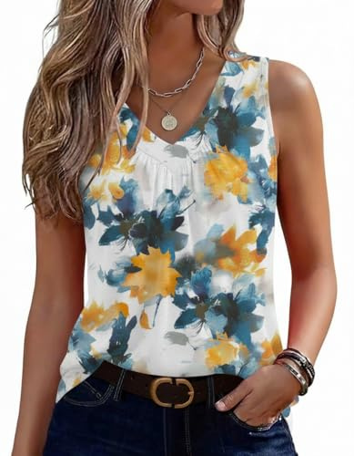 Zeagoo Canotta da Donna Scollo a V Estiva Senza Maniche Top Casual e Elegante per Estate e Giornate di Relax Fiori Blu e Gialli M