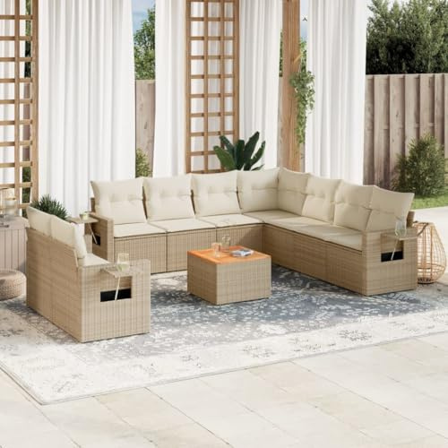 YUTAASU Set di 10 divani da giardino con cuscini beige, in polyrattan, set modulare con tavolino e ripiani, mobili durevoli in rattan sintetico per terrazza, esterni, gruppo di sedute