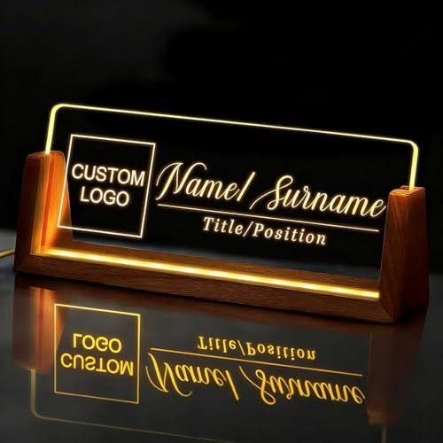 Plaque nominative à LED personnalisée en acrylique avec base en bois, texte gravé et logo pour décoration de bureau, cadeau pour patron, collègue, employé (20,5 x 8 cm)