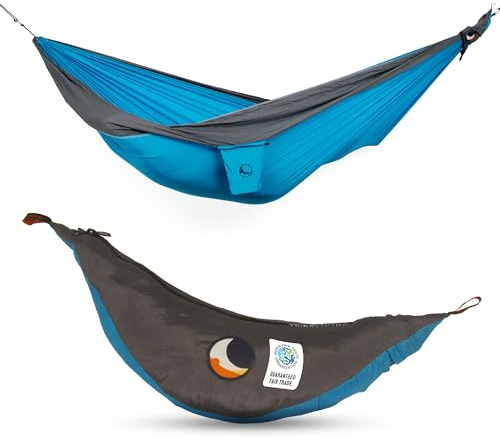 Fallschirmhängematte King Size - Original seit 1996 | Aqua/DUNKELGRAU | Groß und Komfortabel | 320 x 230 cm, nur 700 g | Schneller Aufbau < 1min | Camping, Hängematte