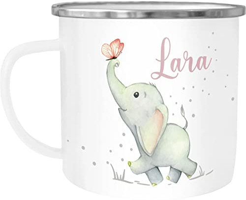 SpecialMe® Kindertasse Emaille mit Namen Elefant Tiere Schmetterling personalisiert Namensgeschenke Jungen Mädchen weiß-metall Emailletasse