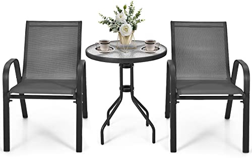 GYMAX Set Bistro da Esterno 3 Pezzi, 2 Poltrone e 1 Tavolino in Vetro Temprato, Telaio in Acciaio, per Giardino, Cortile, Balcone, Grigio
