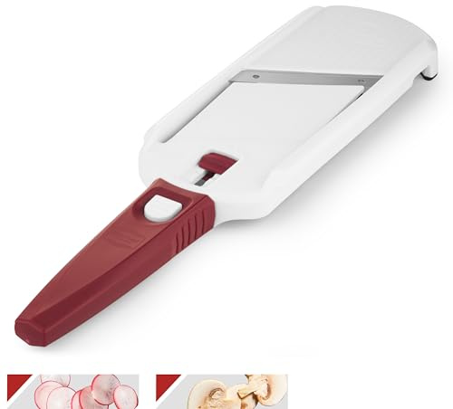 Börner Multi Slicer Affettaverdure • Affettaverdure per Fette in 2 Spessori • Tagliaverdure per Frutta & Verdura • Mini Mandolina da cucina compatta • Colore: Bianco con Manico rosso