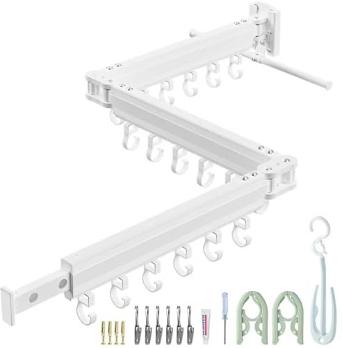 Wäscheständer Wandmontage, Platzsparend,3-Fach Faltbar, Ausziehbar Kleiderstange mit Verlängerungsstange, Aluminium Wandwäschetrockner mit 18 Haken, für Balkon, Badezimmer, Terrasse(Weiß-Einzelhaken)