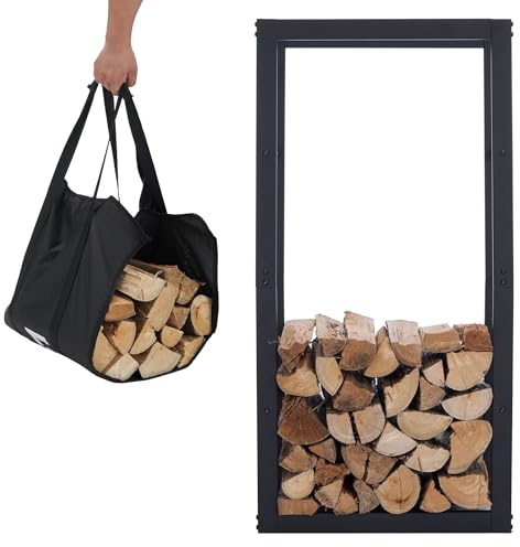 Lendo Online Vedhylla + bärväska – förvaring inomhus och utomhus – vedställ för vedställ – träförvaring – svart – metall (50 x 25 x 100 cm)