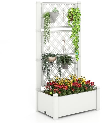 COSTWAY Blumenkasten mit Rankgitter, 3-stufig höhenverstellbar, Pflanzkübel mit Sichtschutz, Hochbeet mit Spalier, Wasserstandsanzeige & abnehmbaren Trennwänden & Drainageloch, 76x45x150cm (Weiß)