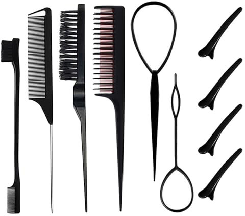 10 PCS Hair Styling Comb Set Multifunctional Rat Tail Comb Black Hair Comb Set with Hair Tail Tools and Hair Clips for Salon Hair Styling Daily Life Using