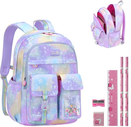 Aedcbaide School Bags for Girls with Stationery Set, Refrigerator Door Kids Backpack Rucksack for Primary School, Lightweight Pink School Bag for 8-10 Years Old (Girls, Purple)
