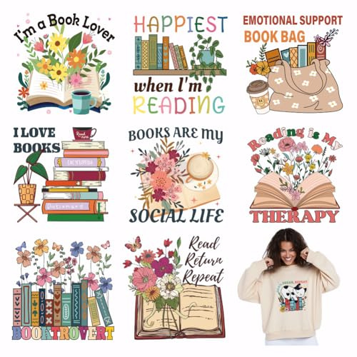 SUPERDANT 4 uds. Libros Flores Pegatinas para Transferencia Térmica Citas de Lectura Transferencias de Planchado Parches Adhesivos Papel para Transferencia Térmica Lavable