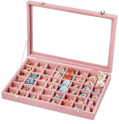 Frebeauty 48-Grid Jewellery Tray with Glass Lid, Velvet Earring Organiser