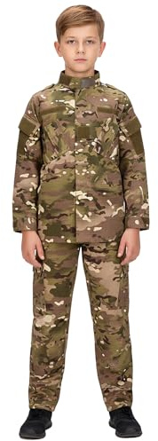 QIYUANT Enfant en Plein Air Vêtements Tactiques Ensembles Veste et Pantalon Airsoft Militaire Camouflage Printemps Été Automne Randonnée Chasse Camping Combat pour Garçons Fille