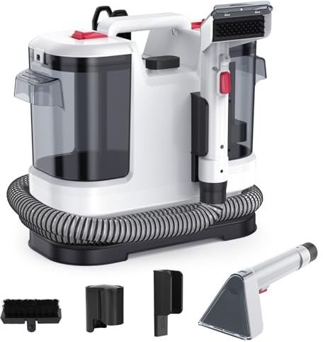 Shampouineuse 500W Aspiration 12,5 KPa, Nettoyeur Canapé Tissu et Tapis, Réservoir Double Amovible 1,8 L Eau Propre / 0,8 L Eau Résiduelle, pour Canapé, Tapis, Voiture (Blanc)