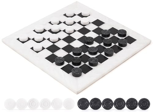 Radicaln Ensemble de Damier en marbre Blanc et Noir de 38 cm Fait à la Main pour Jeu de Plein air, Jeu d’échecs et de Dames idéal pour Adultes