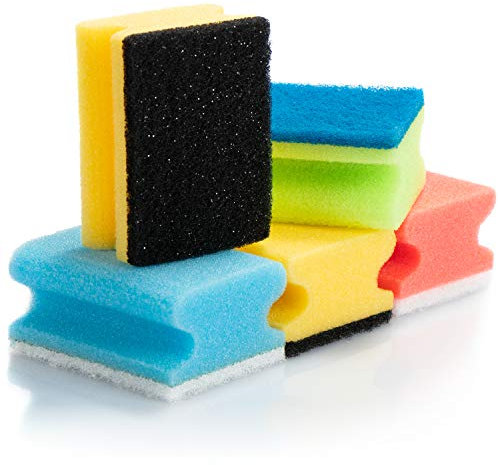 com-four® 5X Topfreiniger aus Kunststoff - universeller Reinigungsschwamm mit Griffmulde und Scheuerpad - Putzschwamm - Spülschwamm [Farbauswahl variiert] (005 Stück - Farbmix)