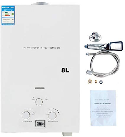 Cozyel 8L 16KW Tragbarer Gas Durchlauferhitzer Propangas Campingdusche für Dusche im Außenbereich Dusche Bad Warmwasser Camping Dusche LPG Warmwasserbereiter Warmwasser Tankless Instant, Weiß